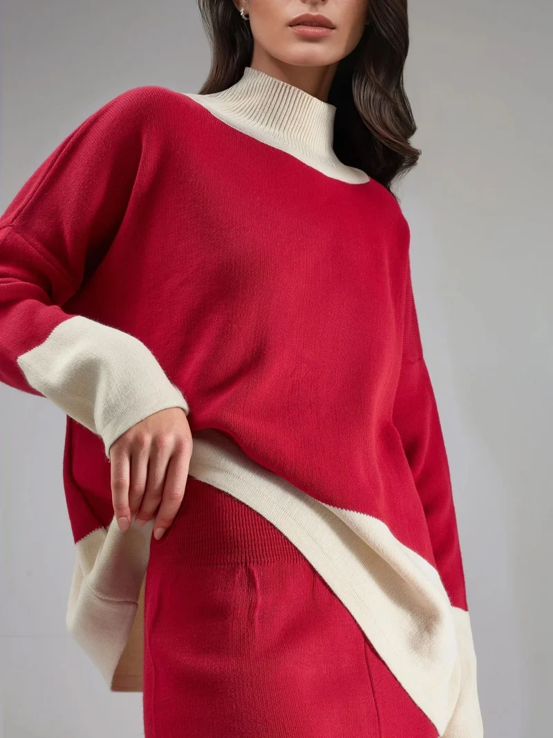 MY FASHION Red MY FASHION Ribbed Knit Co-Ord Set with Half Turtleneck for Women | Best Price UAE